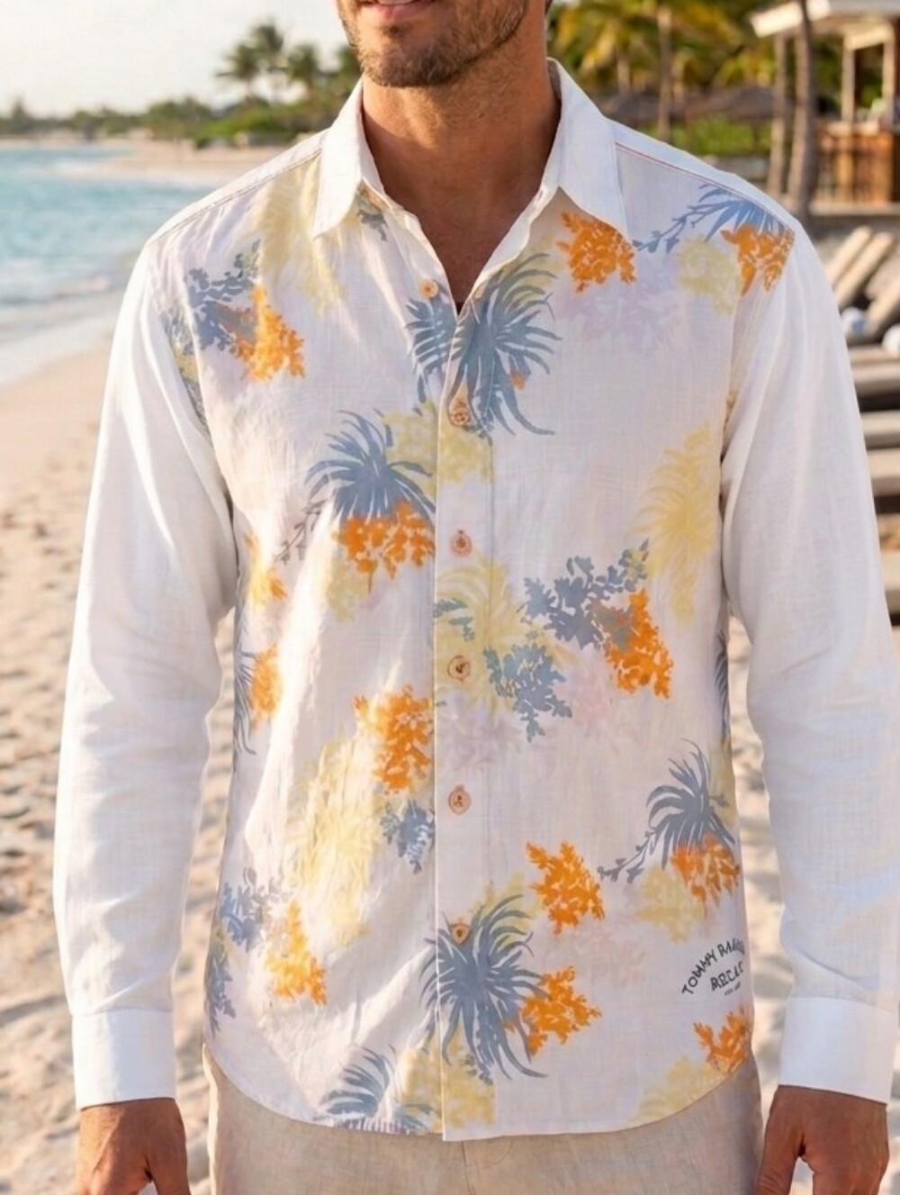 Tommy Bahama RELAX White Cotton Long Sleeve Floral Tropical Coast Print Shirt L